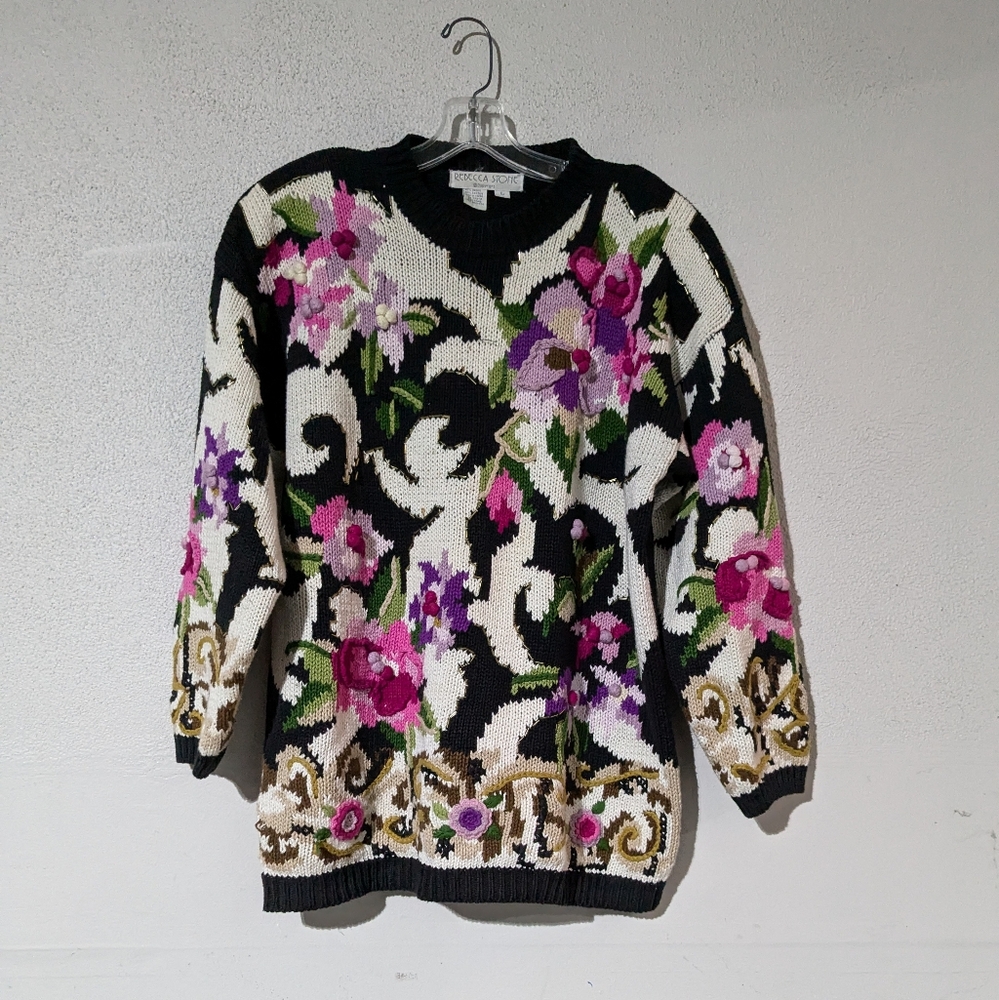 Embellished Rebecca Stone Ramie Cotton Knit Sweater Large Floral Cottagecore